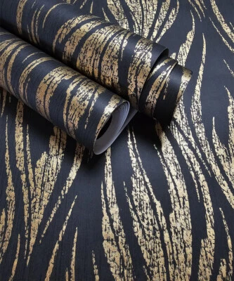 Metallic Feather Pattern Black Gold Wallpaper Luxe Rippled Wave Wallpaper - Image 1 of 4