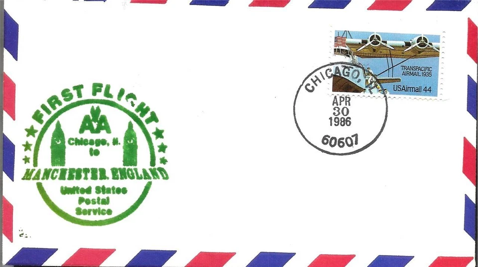 FFUS Airmail Flight Chicago IL - Manchester England 30 April 86 AAMC#AA-F254 - Image 1 of 1