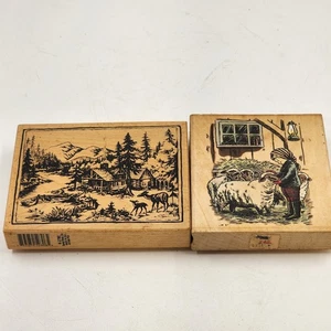 2 estampillas de goma montadas en madera paisaje de montaña y corral escena de ovejas EE. UU. - Imagen 1 de 11