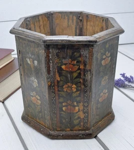 Vintage Wooden Octagonal Planter Pot Original Old Hand Crafted Fine Painted - Picture 1 of 6