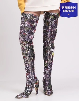 RRP€1295 ROCHAS Leather Over the Knee Boots US11 UK8 EU41 Sequined Made in Italy - Изображение 1 из 4