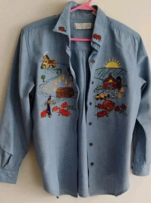 Vintage Thanksgiving Halloween Embroider Turkey Autumn Pumpkin Denim Top MED  - Image 1 of 4