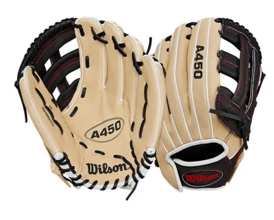 Wilson A450 12 英寸青少年棒球手套-金色/黑色/红色-右手投掷 — 第 1/3 张图片
