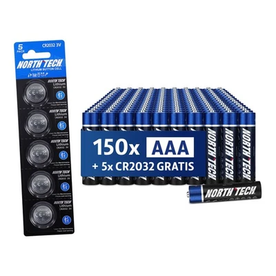 North Tech AAA Ultra Alkaline 150x | 1,5V Micro LR03 | 5x CR2032 gratis | 10J - Bild 1 von 4