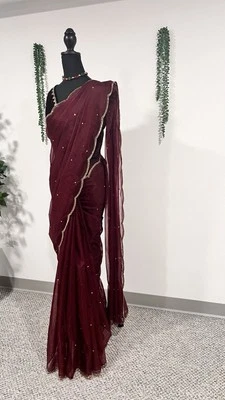 BLUSA SARI BOLLYWOOD BODA SARI ORGANZA FIESTA ROPA DISEÑO INDIO NUEVA SARI Foto 1 de 4