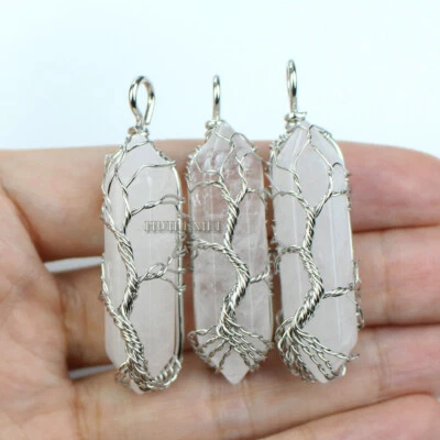 Colgantes hexagonales de cuarzo transparente natural con punta para árbol de la vida envueltos en alambre 3 piezas Foto 1 de 4