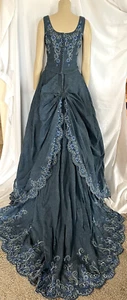 Blue Denim One Piece Embroidered and Beaded Wedding Dress with Train, Size 6 - Picture 1 of 14