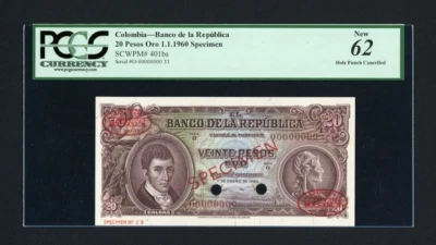 COLOMBIA Specimen Banknote P401bs , 1960 , 20 Peses Oro , PCGS 62 De La Rue - Image 1 of 2