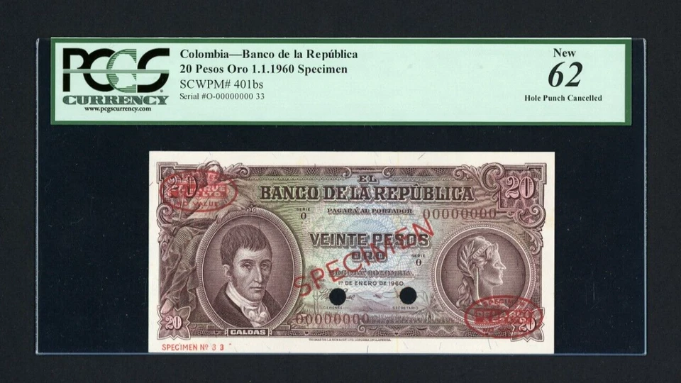 COLOMBIA Specimen Banknote P401bs , 1960 , 20 Peses Oro , PCGS 62 De La Rue - Image 1 of 2