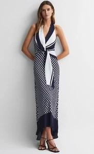 REISS AMELIA STRIPED WHITE POLKA DOT HALTER MAXI DRESS in NAVY BLUE - Picture 1 of 4