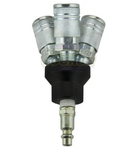 3 Way Air Hose Coupler Splitter Manifold Block Kit 1/4" NPT w/ Couplers & Plug - Picture 1 of 7