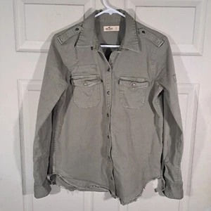 Hollister Denim Button Up Shirt Mens Size Small Green Gray Raw Hem Pockets Strap - Picture 1 of 17