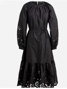 J. Crew Dress Women Size 8 Black Tiered Long-sleeve Midi embroidered strip New - Picture 1 of 15