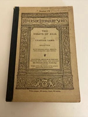 RIVERSIDE LITERATURE SERIES 1907 Antique Book The Essays of Elia ab7 - Imagem 1 de 4