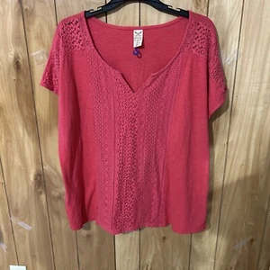 Faded Glory Sz 4X Crochet Lace Short Sleeve V Neck Top Crème Rouge Fall Color - Picture 1 of 8
