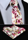 Mens Tie in Cotton Cream Pink Paisley  Floral Woven Print Ties Necktie & Hanky