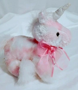 DanDee Unicorno 7'' Rosa Bianco Peluche Rosa Fiocco Pelliccia Bianca Argento Glitter Piedi Corno - Foto 1 di 3