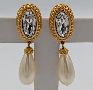 Pendientes colgantes de cristal transparente con perlas de imitación de Swarovski enchapados en oro de colección - Imagen 1 de 14
