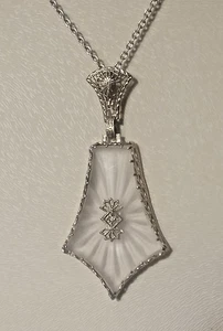 Vintage Art Deco 14k Gold, Kampfer Glas & Diamant Kette & Anhänger. 16" 1 7/8" x 1" - Bild 1 von 6