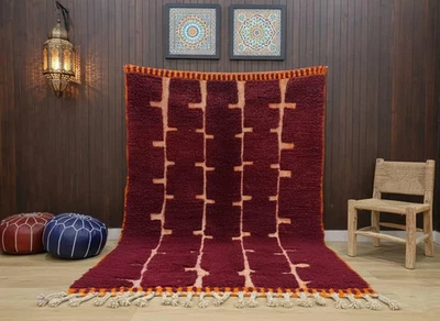 Handmade Moroccan Beni Ourain Rug Deep Burgundy Wool Carpet with Geometric Lines - Image 1 of 4