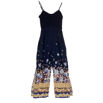 Maurices Smocked Jumpsuit Blue S Floral Pockets Wide Leg Slits Spaghetti Straps  - Image 1 of 4