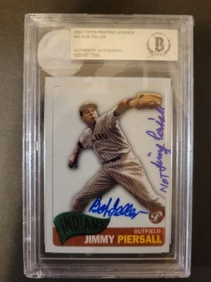 Bob Feller 2005 certificado de autenticidad firmado por Beckett Topps PristineLegends. Tarjeta de error/error de impresión BGS Foto 1 de 4