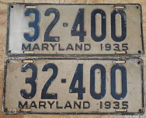 Maryland 1935 License Plate PAIR # 32-400 - Picture 1 of 1