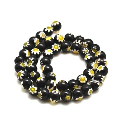 Millefiori Flower Glass Beads Black - 8mm 1 Strand Approx 45pcs Feature Crafts - Image 1 of 4