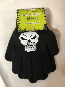 Black Gloves Skull Bones Goth Glow In The Dark New Age 8+ Youth Lightweight - Picture 1 of 3