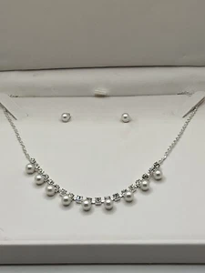 New Faux Pearl & Clear Crystal Necklace Earrings Wedding Jewelry Set Silver Tone - Picture 1 of 5