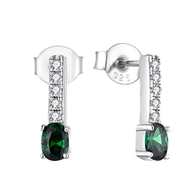 Sterling Silver 925 simulated EMERALD & CZ Oval Solitaire Drop Stud Earrings - Image 1 of 4