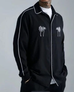 Mens Medium Long Sleeve Button Down Shirt Black & White Piping Embroid Palm Tree - Imagen 1 de 3