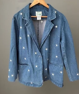 The Quacker Factory Denim Blazer Jacket 1X Stars Rhinestones Satin Lined Pockets - Picture 1 of 13