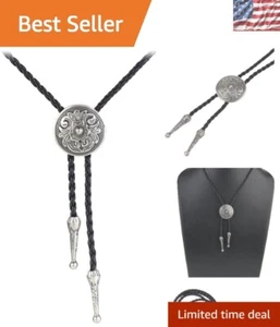 Vintage-Inspired Floral Bolo Tie with Genuine Leather Rope - 42.5 Inches Long - Picture 1 of 10