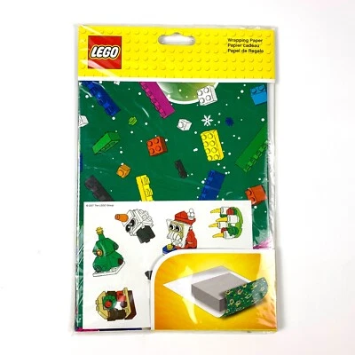 LEGO Christmas Holiday Wrapping Paper 2 Sheets Blue Green Snow Globe Stickers - Image 1 of 4