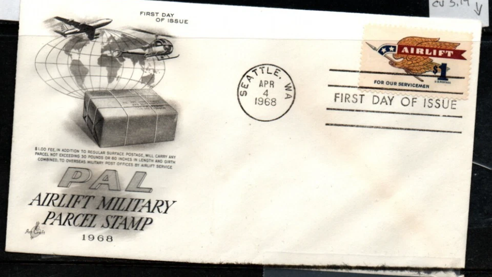 U.S. 1968 Airlift Military Parcel $1 Stamp Art Craft First Day of Issue - Image 1 of 1