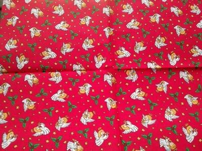 Fabric Spectrix "Musical Angels" Playing Instrument Holly Ivy Stars on Red $3.50 - Image 1 of 3