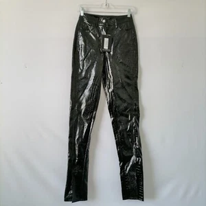 Pretty Little Thing Womens High Rise Tall Black Crocodile PU Trouser Pant Size 2 - Picture 1 of 7