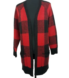 Lucky Brand Long Cardigan Women's Size Medium Open Front Black Red Buffalo Plaid - Picture 1 of 11