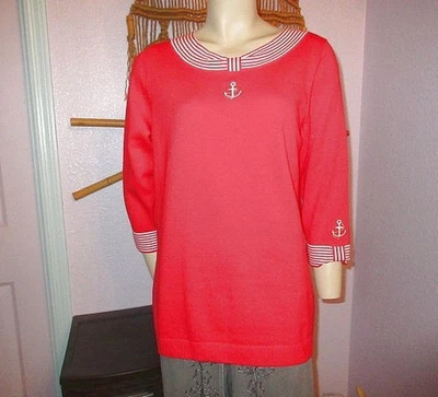 Quacker Factory Embroidered Sweater Size S Cotton Nautical Anchor Stripe Cruise - Image 1 of 4