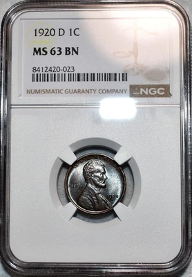 NGC MS-63 BN 1920-D Lincoln Cent, atrativamente tonificado e acentuado. - Imagem 1 de 2
