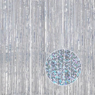 Paquete de 3 telones de fondo con flecos de aluminio - cortinas de oropel plateadas brillantes para decoración de fiestas/ Foto 1 de 4