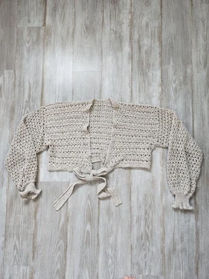 Cárdigan corto de ganchillo hecho a mano avena corbata frontal boho hippie tejido talla L usado en excelente estado Foto 1 de 4