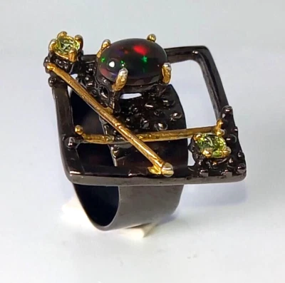 Imposanter TOP SCHWARZER OPAL & CHRYSOLITH Ring in Silber und Gold, Gr. 17, 25 - Bild 1 von 4
