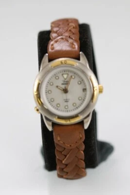 Timex Orologio Donna Argento Oro Acciaio Inox Wr pelle Marrone Data Quarzo - Immagine 1 di 4