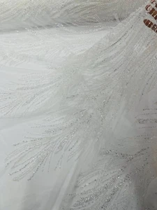 White Embroidery Beaded Fabric By Yard, Sequin on a Mesh with Floral Lace - Picture 1 of 4