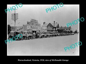 OLD POSTCARD SIZE PHOTO OF WARRACKNABEAL VIC McDONALDS GARAGE c1920 MOBIL OIL