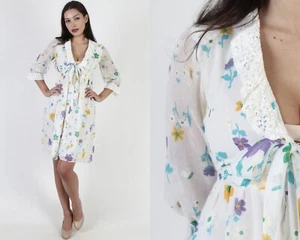 Vintage 60s White Floral Mod Dress Deep V Ruffle Lace House Lounge Party Mini - Picture 1 of 6