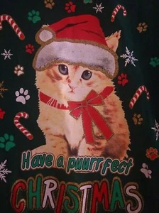 M Medium Green Long Sleeved Christmas kitten in Santa hat cat  candy cane - Picture 1 of 6