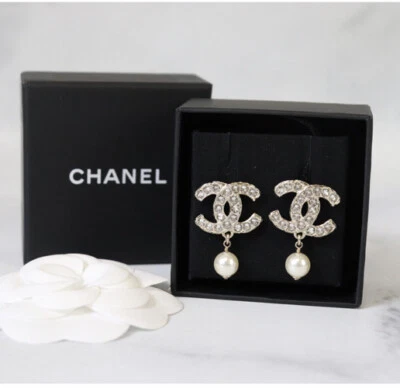 Chanel CC Pearl Drop Earrings Light Gold Tone - Image 1 of 4